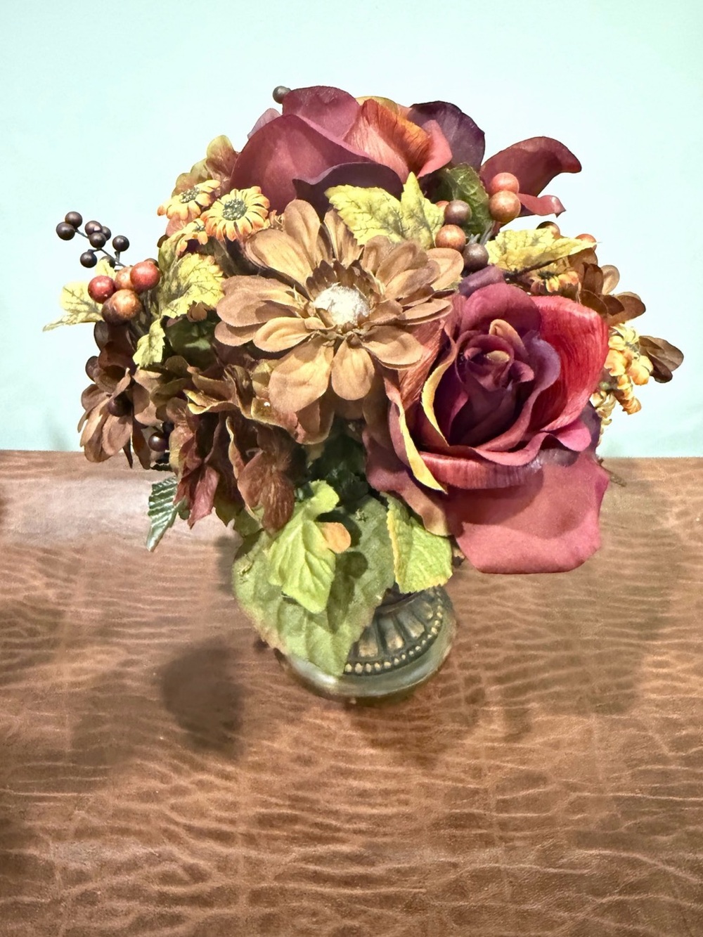 Autumn Zinnia, Rose, Hydrangeas Faux Floral Arrangement NWT